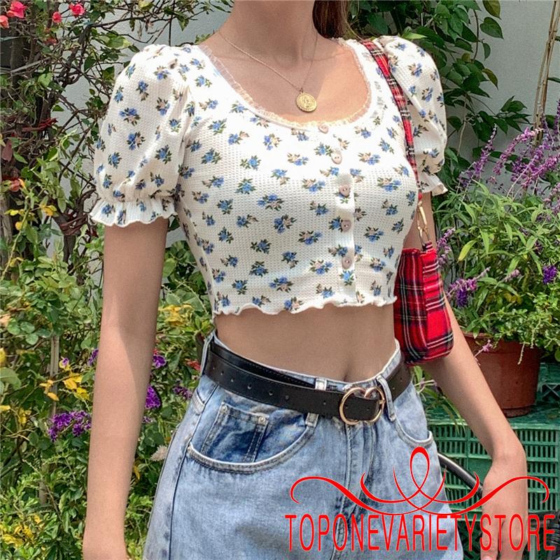 Áo Croptop Tay Phồng In Hoa Thời Trang Cho Nữ