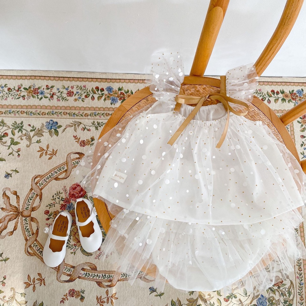 Set váy + quần voan trắng bé gái tiểu thư lấp lánh mềm mại, size bé 0-2 tuổi