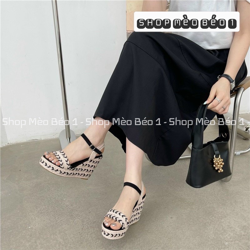 Sandal quai ngang đế xuồng cói thổ cẩm vân đen pha fullbox hàng quảng châu cao cấp