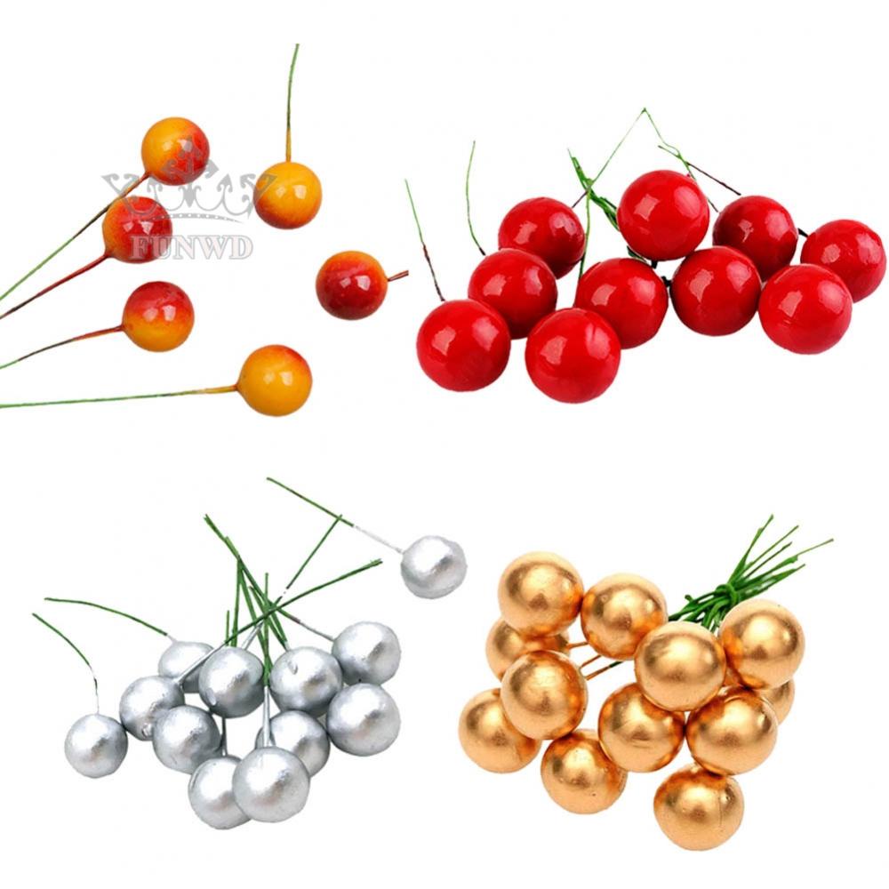 Set 100 Vòng Hoa Holly-Berry Giả Màu Đỏ Vàng Bạc Trang Trí Giáng Sinh