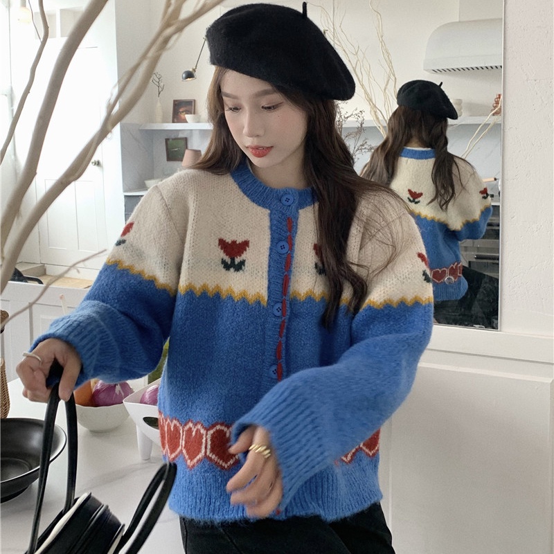 IELGY    Áo cardigan Dệt Kim Tay Dài Dáng Rộng Màu Sắc Tương Phản Thời Trang Cho Nữ