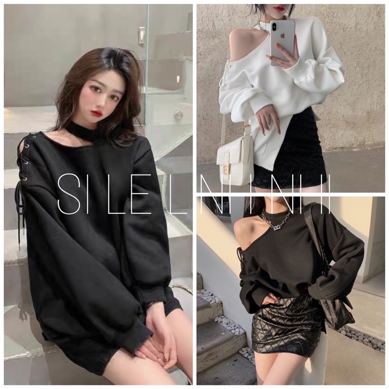 ✨ Áo nỉ nữ dây đan khoét vai dáng trùm mông 2 màu