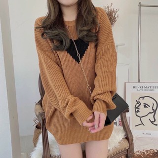 HÀNG QUẢNG CHÂU] Áo Len Nữ Dày Dặn Tay Dài Dáng Thụng Phối Tim Đen_Một Màu Nâu Cực Tây_Sáng Da