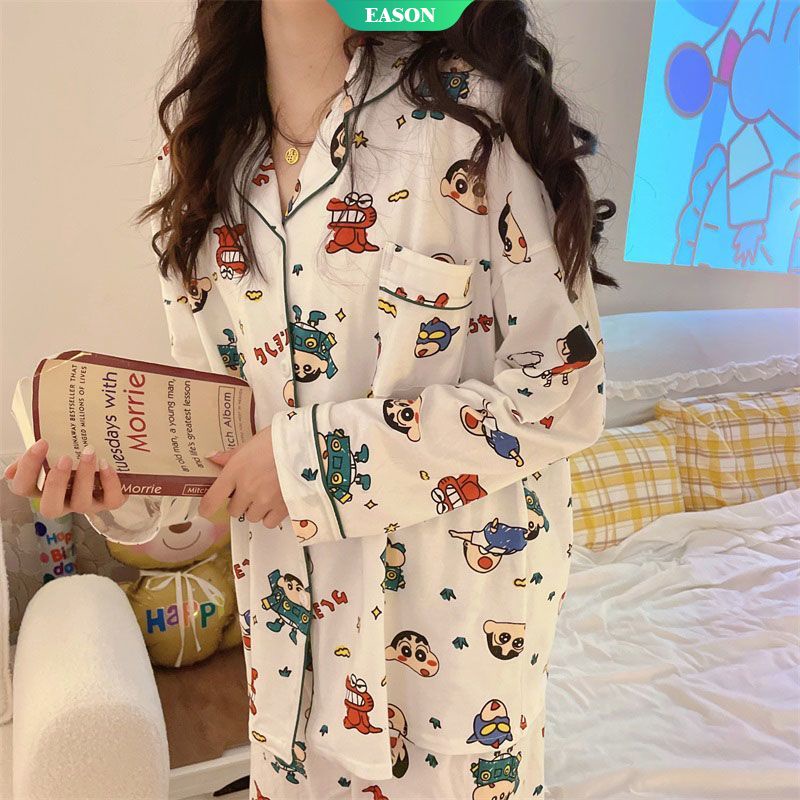 Bộ Đồ Ngủ Tay Dài In Hoạt Hình Cậu Bé Bút Chì Dễ Thương Thời Trang Xuân Thu