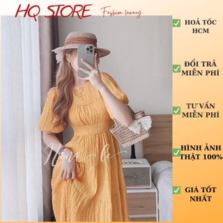 [Hoả Tốc] Đầm maxi dự tiệc cổ tròn tay bầu, váy tiểu thư xốp qua gối dây kéo lưng - Maxi HQ store