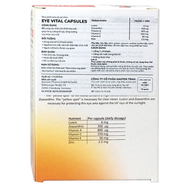 Eye Vital Capsules – Hỗ trợ tăng cường thị lưc, chống mỏi mắt, bổ sung dưỡng chất cho mắt (Hộp 30 viên)