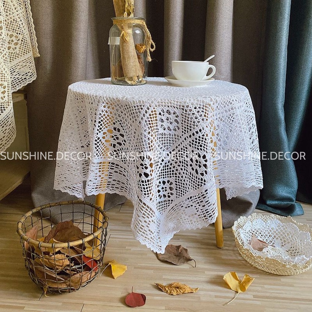 Khăn trải bàn phối ren hoa Vintage màu trắng,ngà phong cách retro-Cotton1