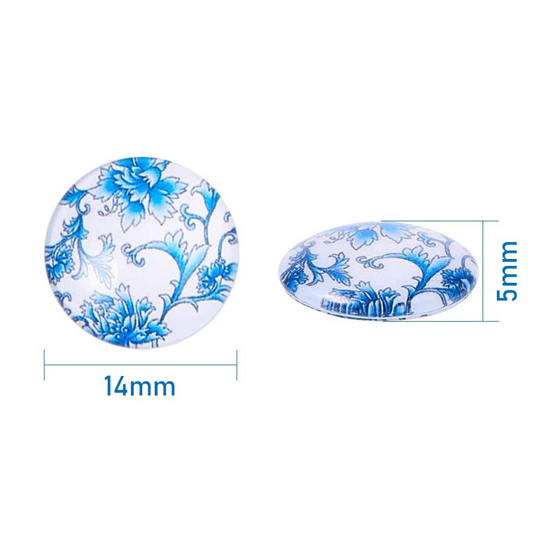 10pcs 14mm Dome Blue and White Floral Printed Glass Cabochons