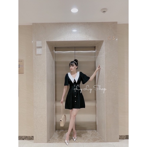 Đầm đen phối cổ trắng peter kết nút ( có bigsize)
