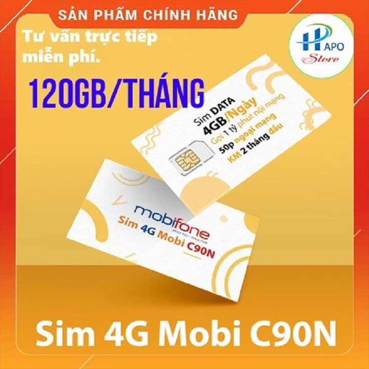 [Free 30 ngày] Sim 4G Mobi C90N 120 GB/tháng + 1000 phút gọi nội mạng + 50 phút liên mạng VỚI 90K