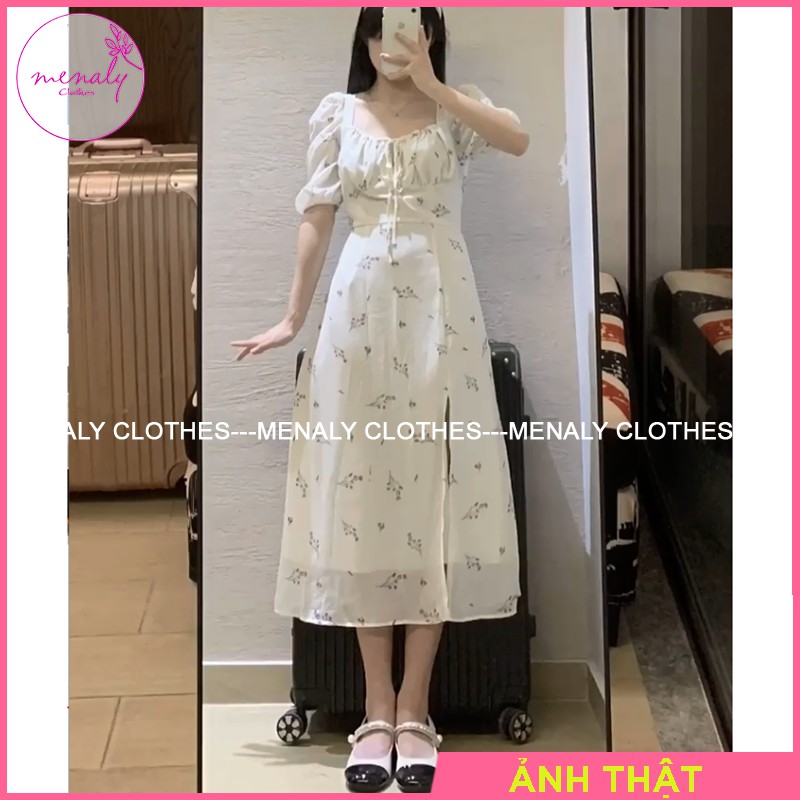 Váy đầm nữ vintage hoa nhí cổ vuông tay bồng VH045