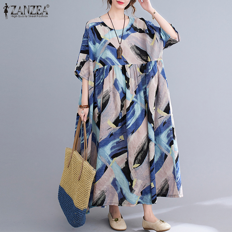 Đầm Maxi ZANZEA Ngắn Tay In Họa Tiết Hình Học Sành Điệu Cho Nữ