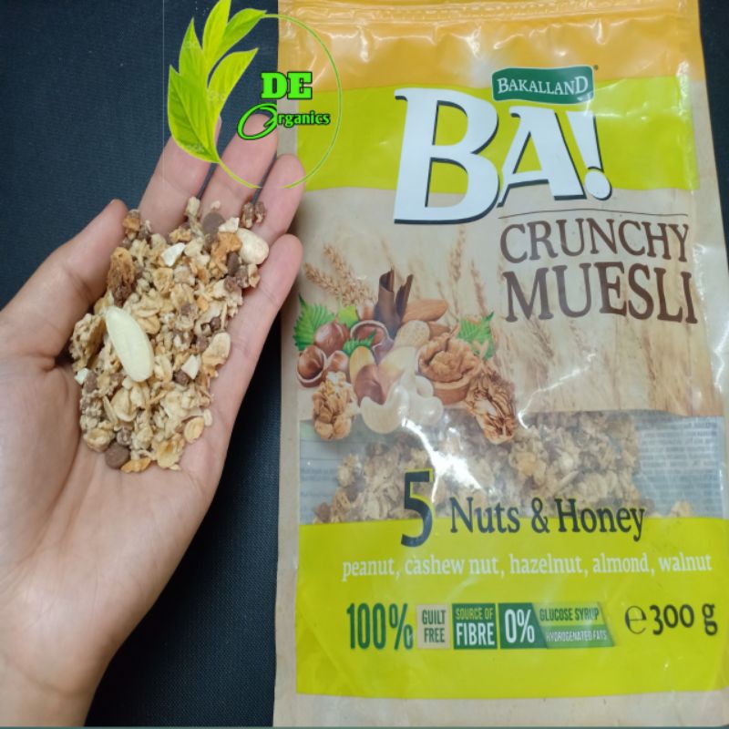 100% ORGANIC Ngũ cốc trái cây BAKALLAND Muesli giòn và hạt óc chó, hạnh nhân, hạt phỉ, mật ong và đậu phộng