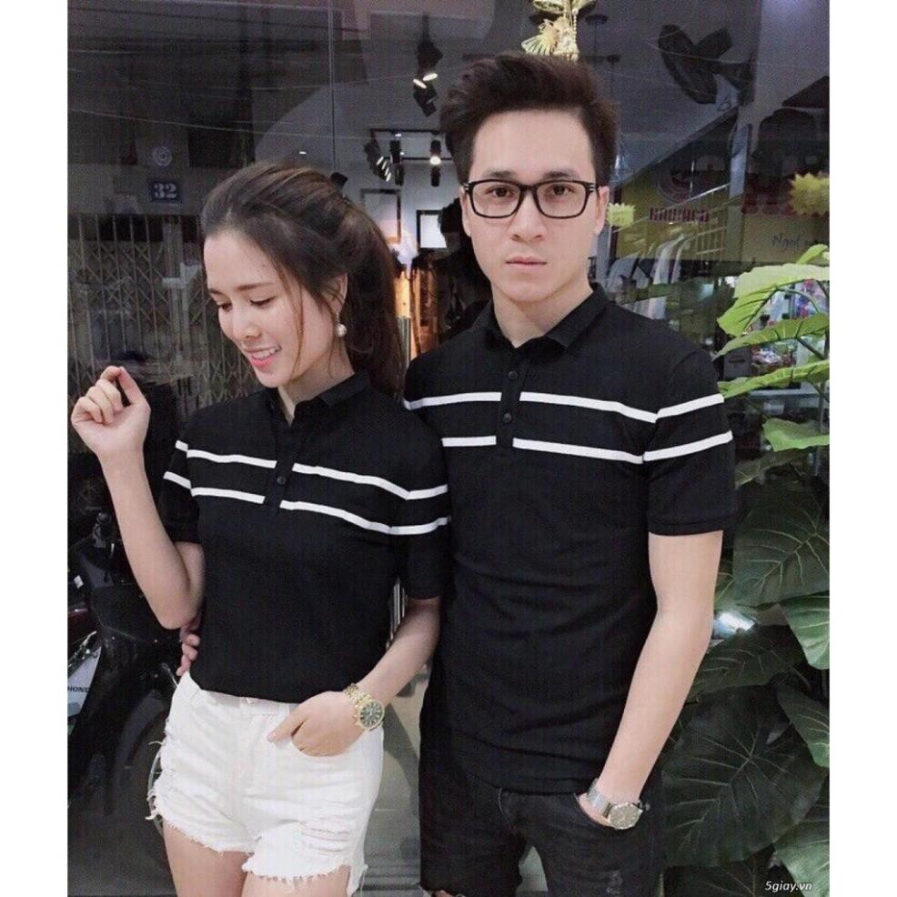 Áo thun cotton nam nữ kẻ ngang ngắn tay có cổ, áo cặp đôi giá sỉ
