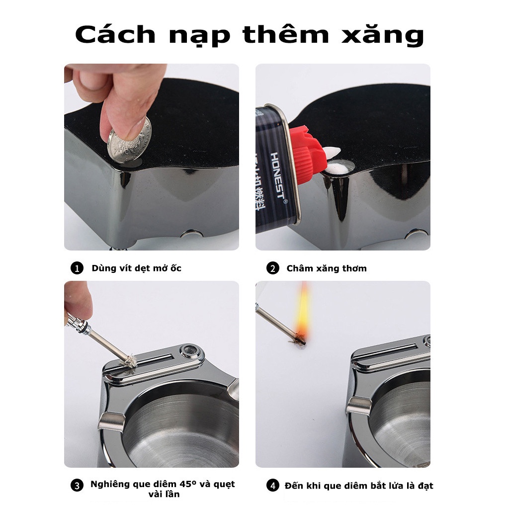 Gạt Tàn Thuốc Lá Inox 902 Chống Gỉ Tích Hợp Diêm Vĩnh Cửu Không Cần Bật Lửa Mỗi Lần Hút