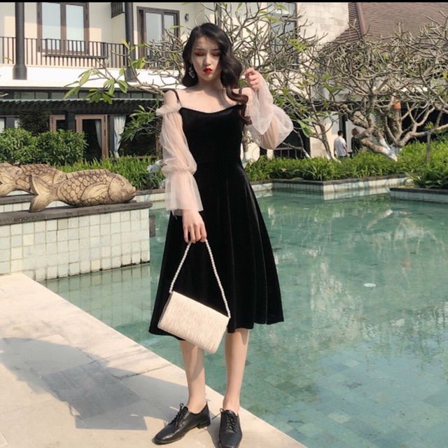 Đầm đen tay bồng trễ vai ulzzang, đầm dự tiệc cưới, váy kỉ yếu, váy Tết, váy tay dài trễ vai. Ảnh thật phía sau