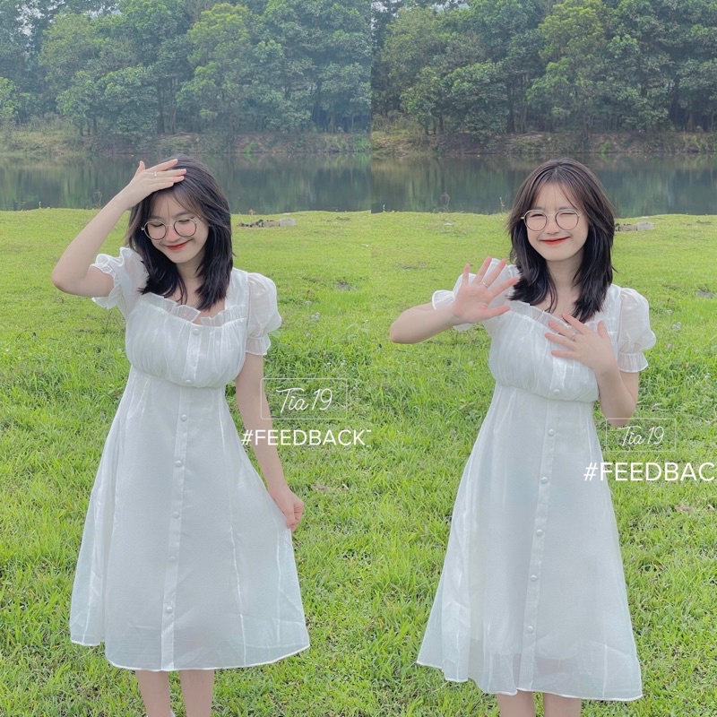 Váy trắng babydoll cúc dáng xoè ulzzang Tia19. Đầm cổ vuông tiểu thư trễ vai dự tiệc voan (Ảnh Thật)