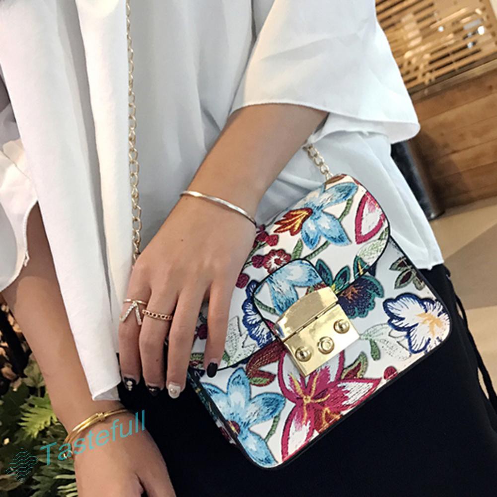 TT Women PU Leather Flower Printed Mini Chain Bag Shoulder Crossbody Bag