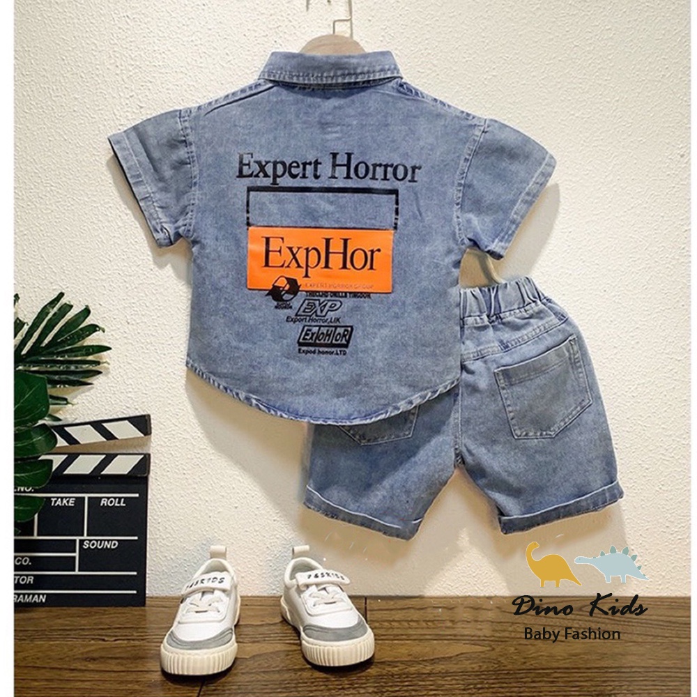 Bộ quần áo cho bé trai, set áo sơ mi jean kèm quần họa tiết EXPER HORRO cho bé size 10-32kg