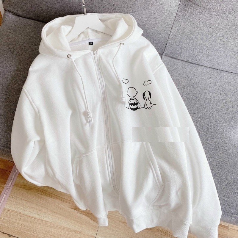 Áo hoodie trơn in hình cún và chú bé dáng basic áo khoác nỉ nữ form rộng 2 màu đen trắng dễ thương | BigBuy360 - bigbuy360.vn