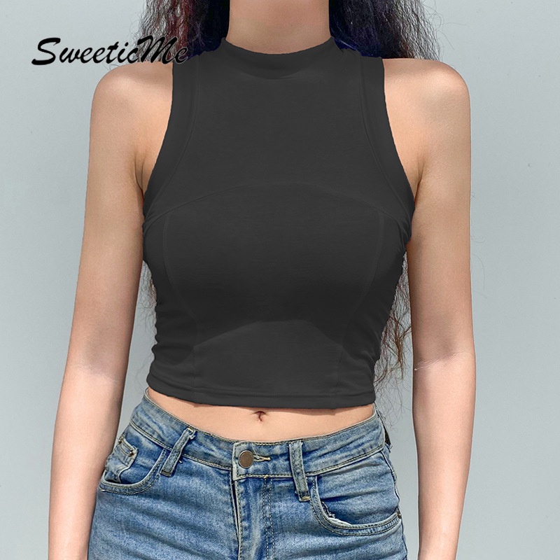 Sweeticme Áo Không Tay Cổ Tròn Lưng Cao Màu Trơn Thời Trang Cho Nữ 2021 | BigBuy360 - bigbuy360.vn