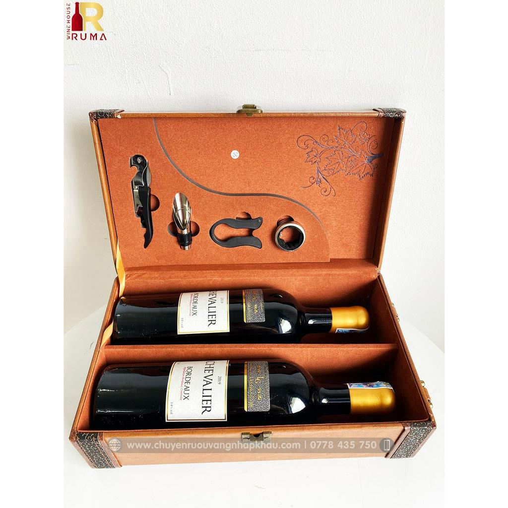 Set quà tặng rượu vang Pháp Chevalier - Hộp da PU kèm phụ kiện