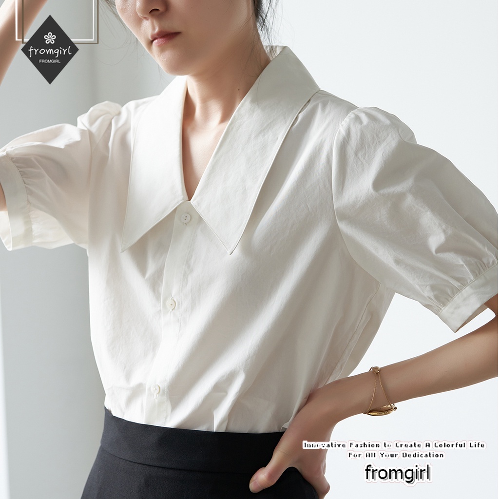 Áo Sơ Mi Tay Phồng Cổ Chữ V Màu Trắng Phong Cách retro Thời Trang Mùa Hè Mới Cho Nữ