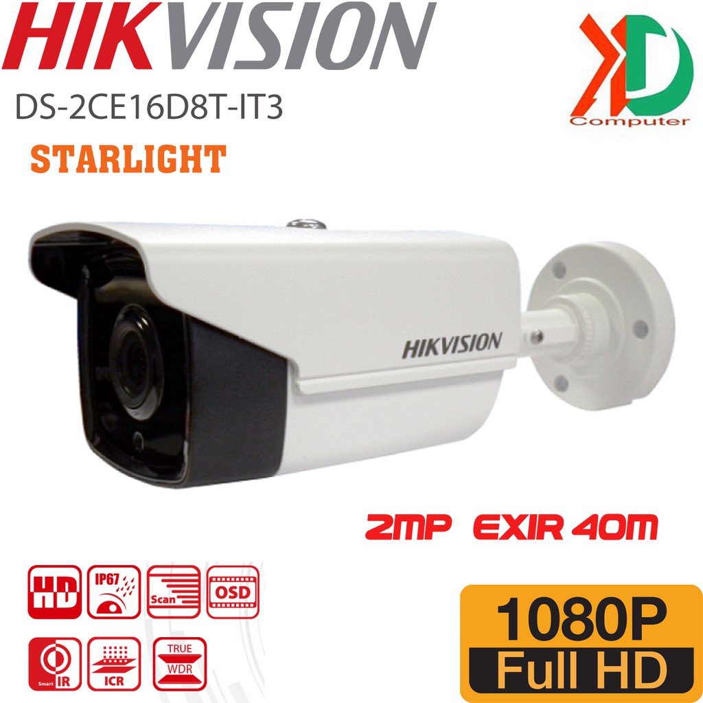 Camera siêu nhạy sáng 2MP HIKVISION DS-2CE16D8T-IT3(E) - IR40M / HDTVI chính hãng.