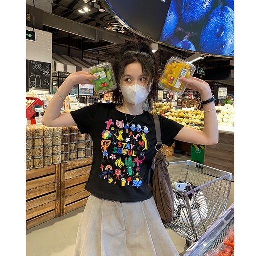 Áo Thun Tay Ngắn Cổ Tròn Màu Đen In Họa Tiết Hoạt Hình Phong Cách Hàn Quốc Thời Trang Cho Nữ