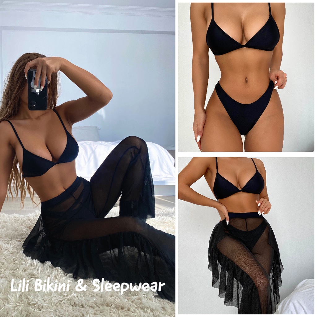 Bộ đồ bơi bikini Âu Mỹ kèm quần lưới lưng cao ống loe dài màu đen tôn dáng hàng cao cấp