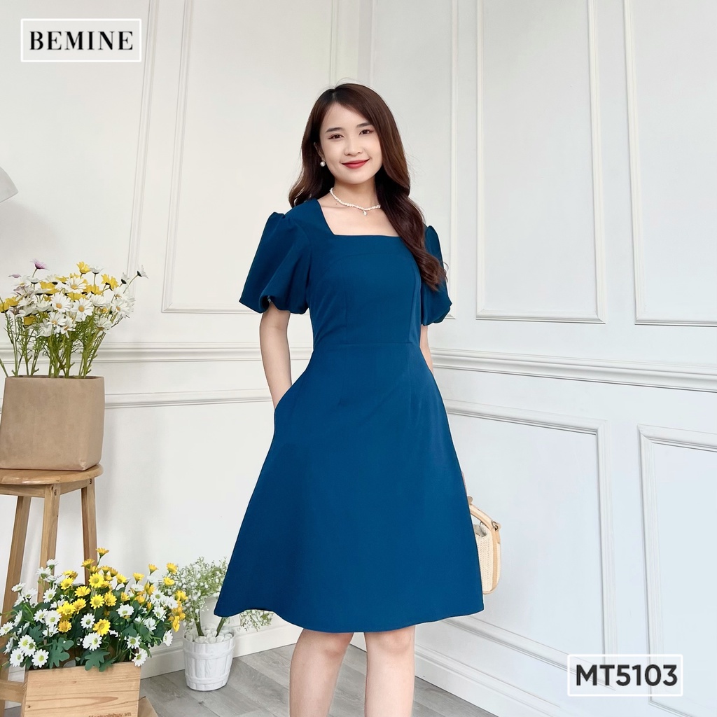 Đầm tay lồng đèn nơ cổ sau BEMINE MT5103XANH