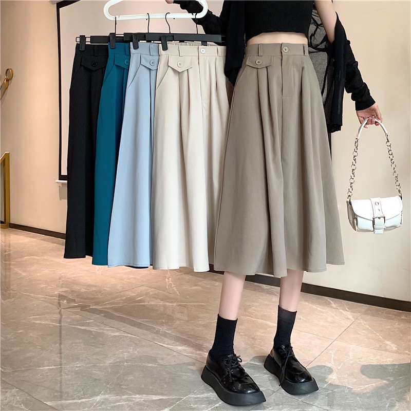 SUXI Chân Váy Chữ A Lưng Cao Màu Trơn Thời Trang Hàn Quốc Cho Nữ