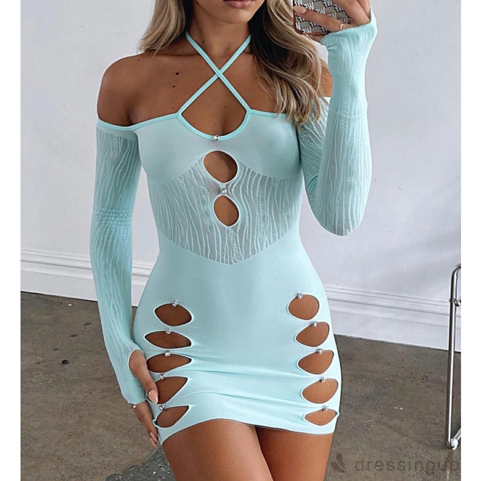 Đầm ôm dáng tay dài có dây đeo cổ phong cách đường phố thời trang xuân thu cho nữ