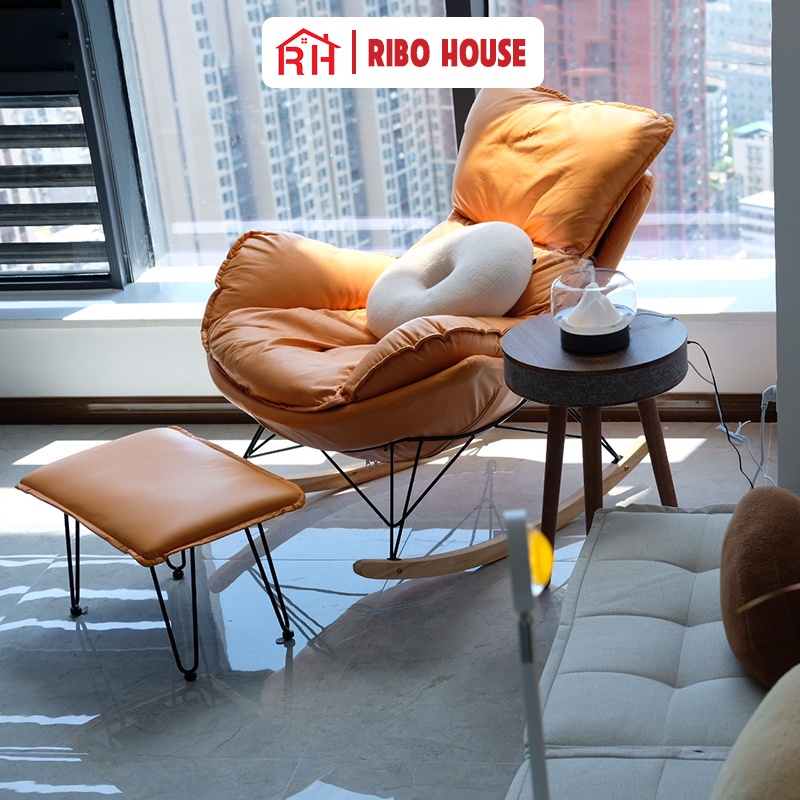 Ghế thư giãn RIBO HOUSE bập bênh khung kim loại sơn tĩnh điện chân gỗ trang trí phòng ngủ phòng khách ban công RIBO205