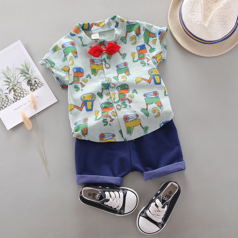 Set Áo Thun Cotton Ngắn Tay Và Quần Short In Hình Xe Xúc Hoạt Hình Cho Bé Trai