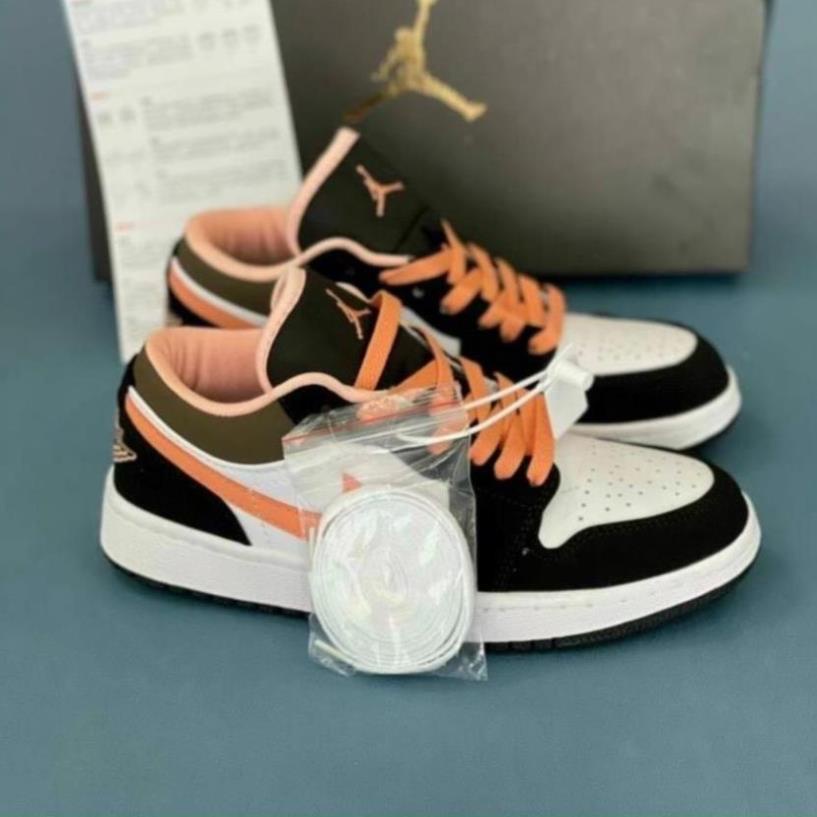 Giày Jordan air cổ thấp Peach Mocha màu hồng đào nam nữ, Sneaker JD1 low đen kẻ cam cực đẹp full box bill