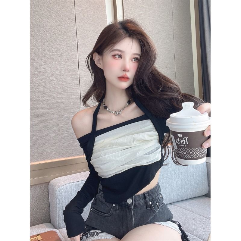 Jiashucheng Áo Thun Trễ Vai Phối Lưới Thiết Kế Độc Đáo