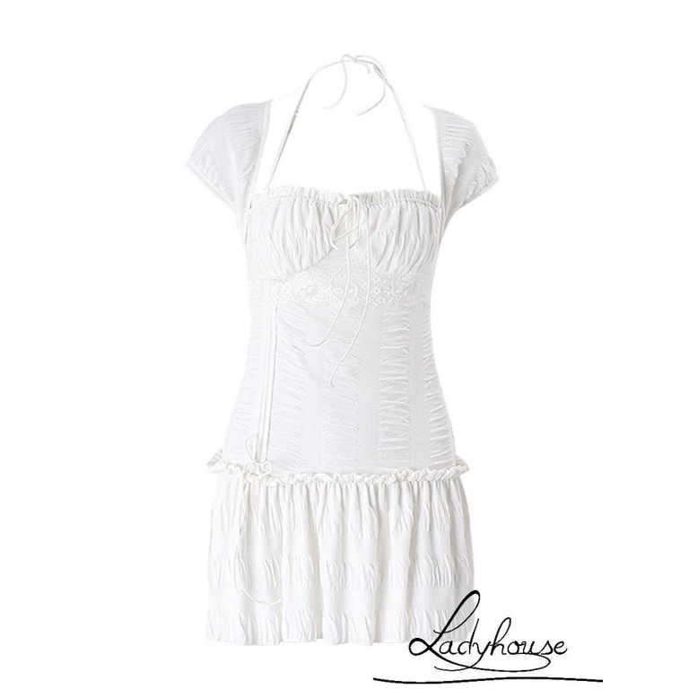 Ldd-đầm Tay Ngắn Dây Rút Màu Trắng Thời Trang Mùa Hè Dành Cho Nữ