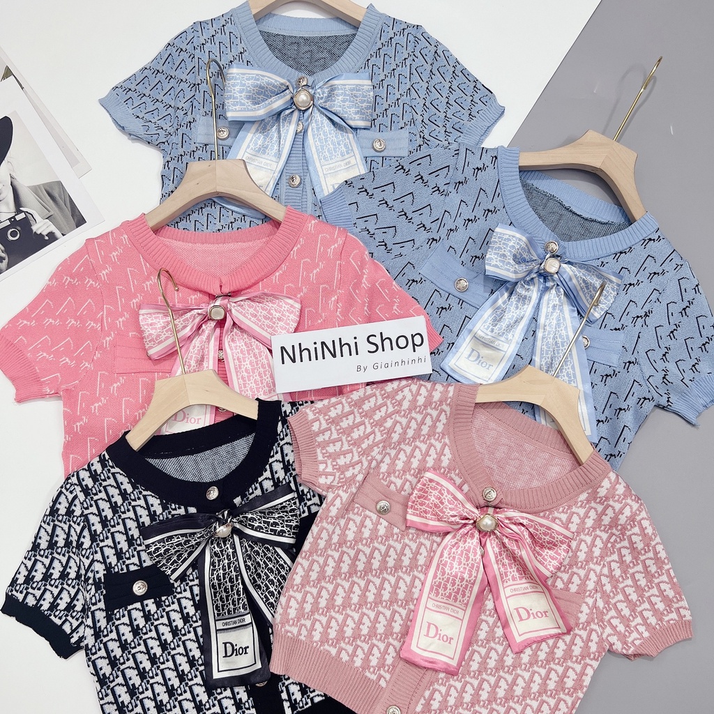 Áo len mỏng cộc tay kèm nơ, Áo len mongtoghi ngắn tay in chữ AL9803 - NhiNhi Shop