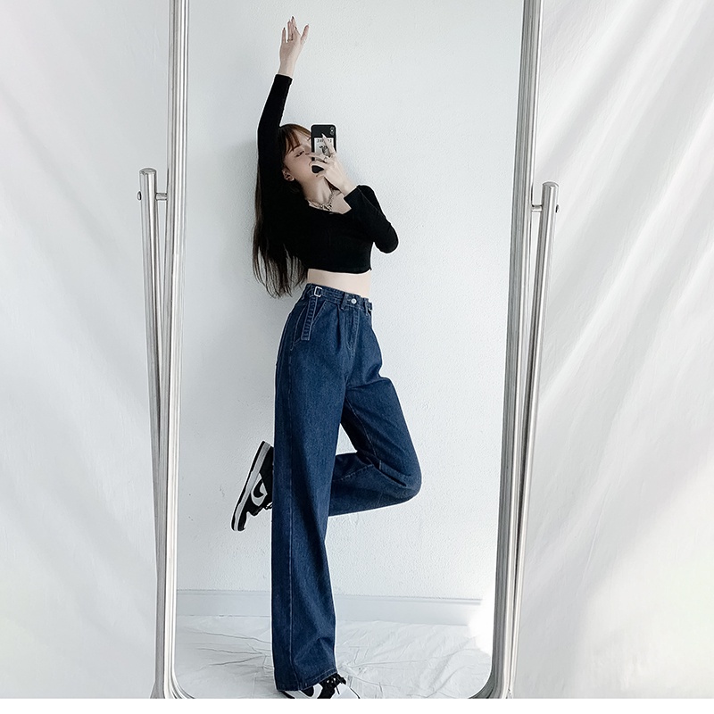 Quần jean cạp cao dáng rộng thiết kế mới thời trang phong cách Hàn Quốc