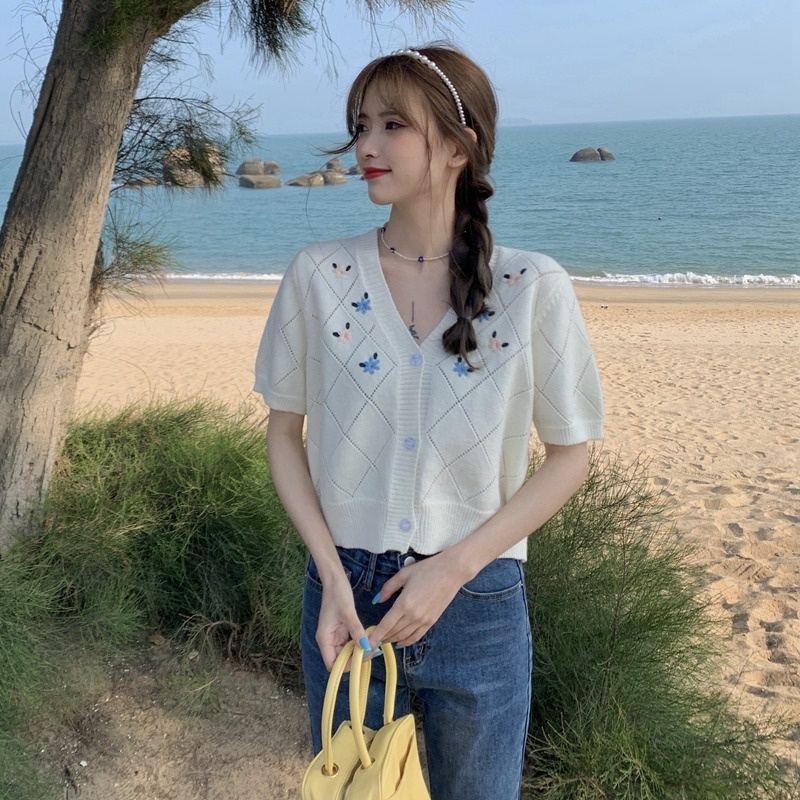 Áo khoác cardigan dệt kim ZHELIHANGFEI dáng ngắn thêu họa tiết thanh lịch cao cấp