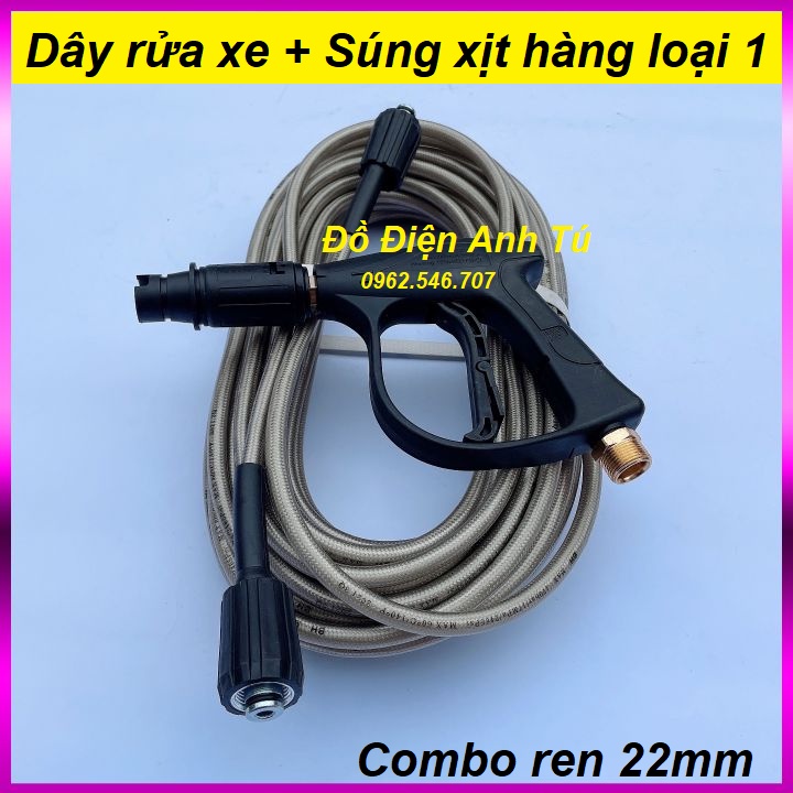 Bộ 10M-15M-20M dây rửa xe và súng xịt áp lực cao Hàng Loại 1 - súng rửa xe áp lực cao ren 22mm