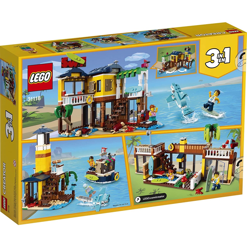 LEGO Creator 3in1 Surfer Beach House 31118 Building Kit Featuring Beach Hut and Animal Toys, Nhà lướt sóng bãi biển