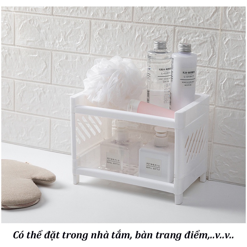 Kệ Mini 2 Tầng Để Bàn Làm Việc, Đồ Trang Điểm, Đựng Mỹ Phẩm Màu Trắng Cực Sang, Phong Cách Vintage 24x18cm