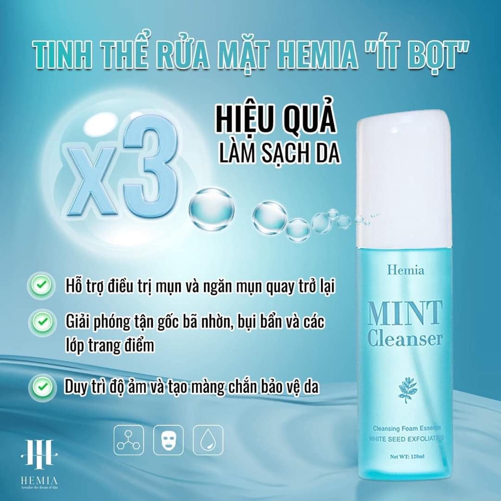Sữa rửa mặt Hemia Hàn Quốc tinh thể Mint Cleanser, dưỡng trắng, làm sạch da, cấp ẩm, kiềm dầu, ngừa mụn