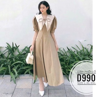 Váy đầm vintage midi tiểu thư cổ sơ mi to dáng xòe