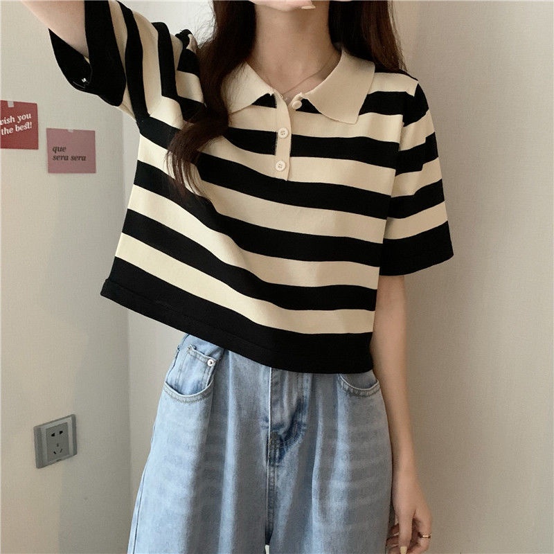 HPCL📣Áo Sweater ngắn tay họa tiết kẻ sọc phong cách Hàn quốc | BigBuy360 - bigbuy360.vn