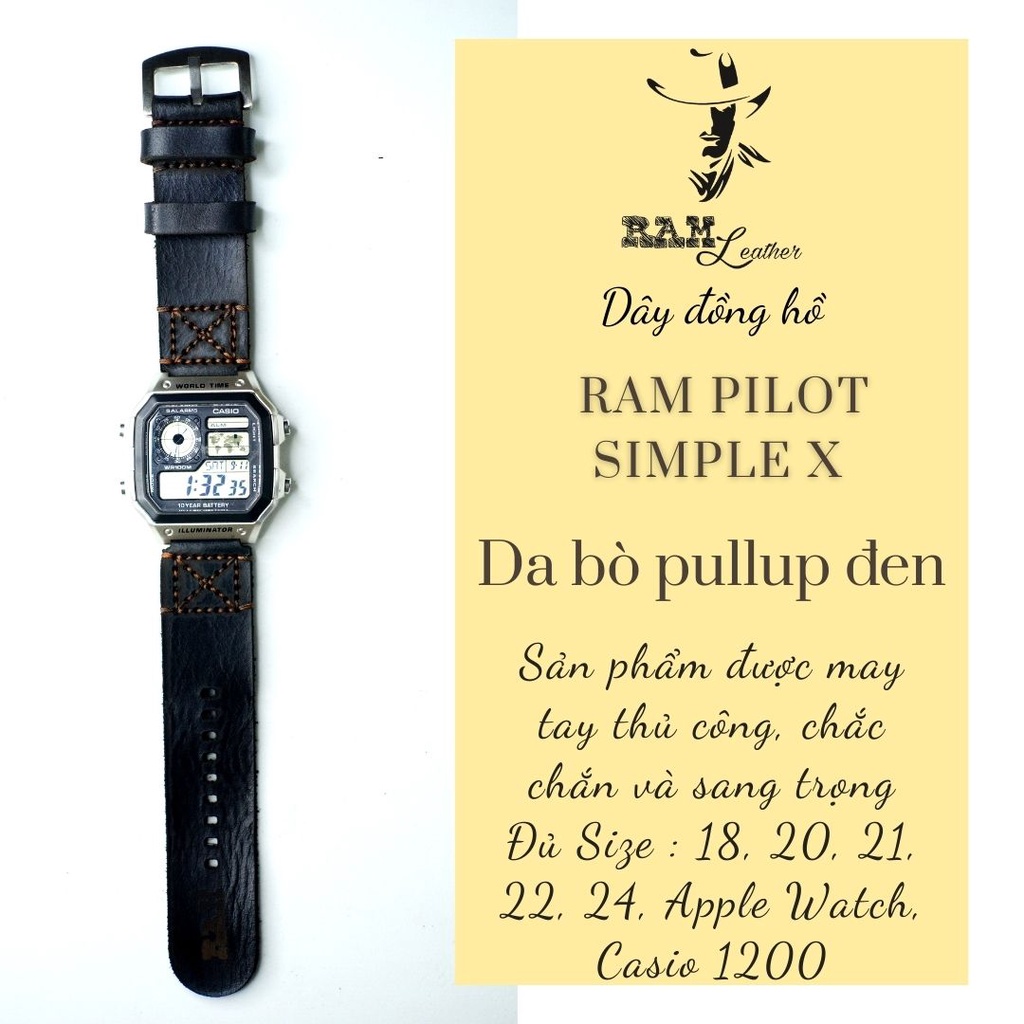 Dây đồng hồ RAM Leather Simple X Black cho CASIO 1200, AE 1200, 1300, 1100, A159 , A168 , Size 18