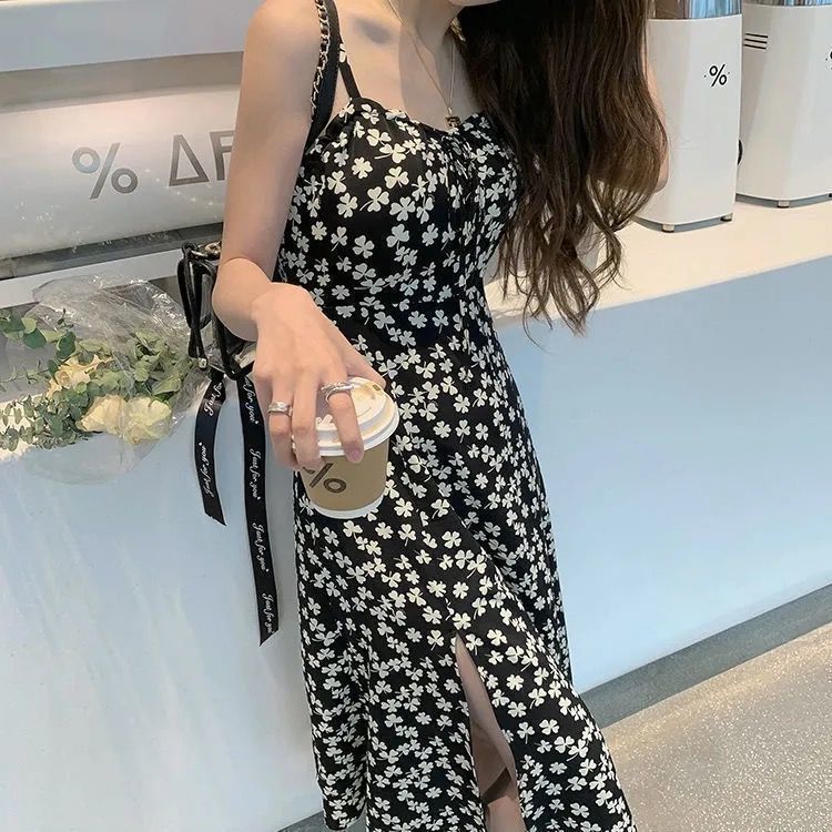 [L&Q]                      Sling dress summer new style French first love bellflower skirt design niche black split floral skirt trend