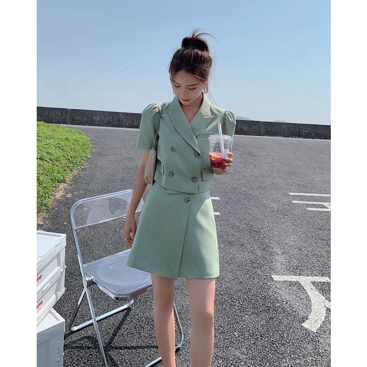 Set áo vest kèm chân váy đắp chéo A HB cao cấp S092
